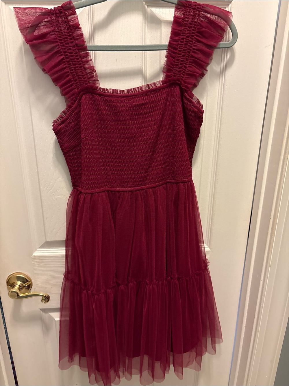 Smocked Tulle Midi Dress in Burgundy with Ruffle Straps